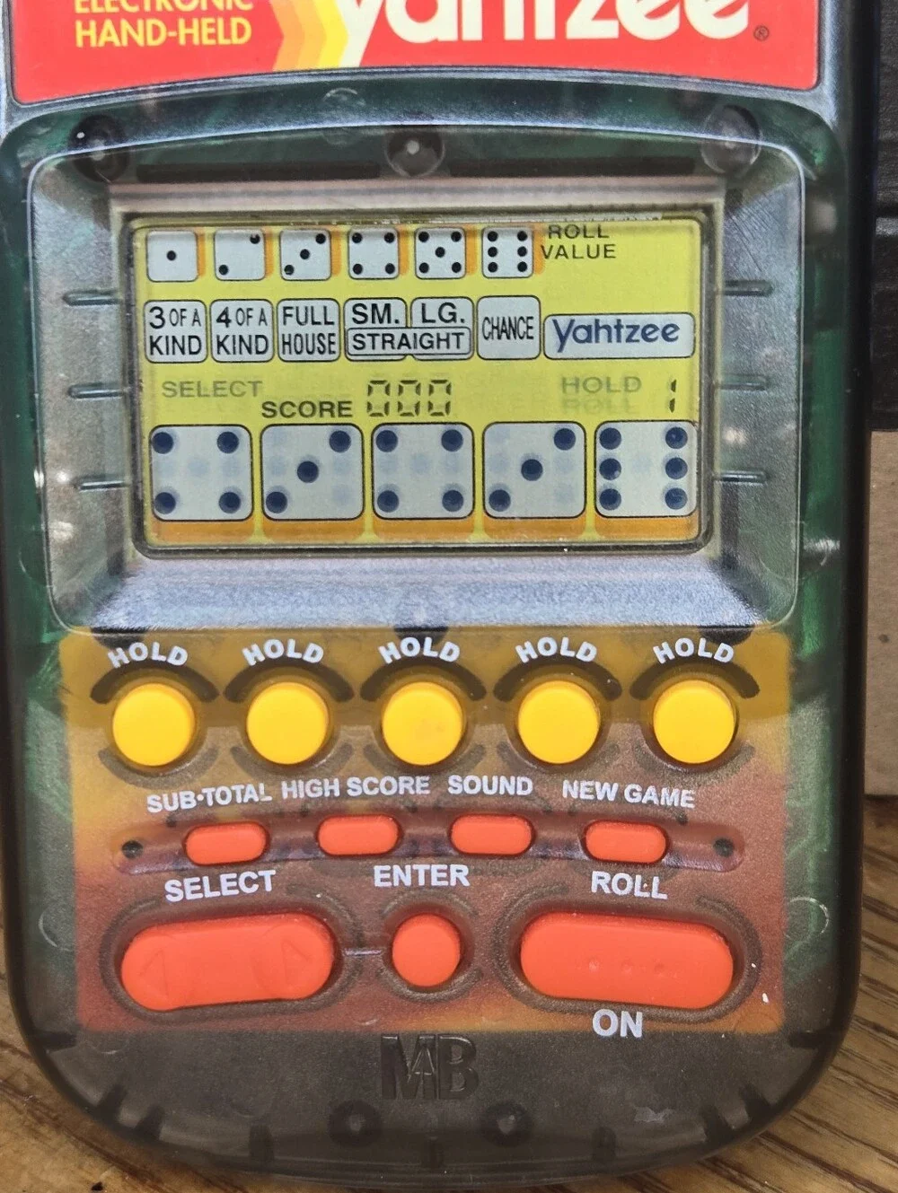 1995 Electronic Handheld Yahtzee Game Clear Smoke MB Milton Bradley Tested